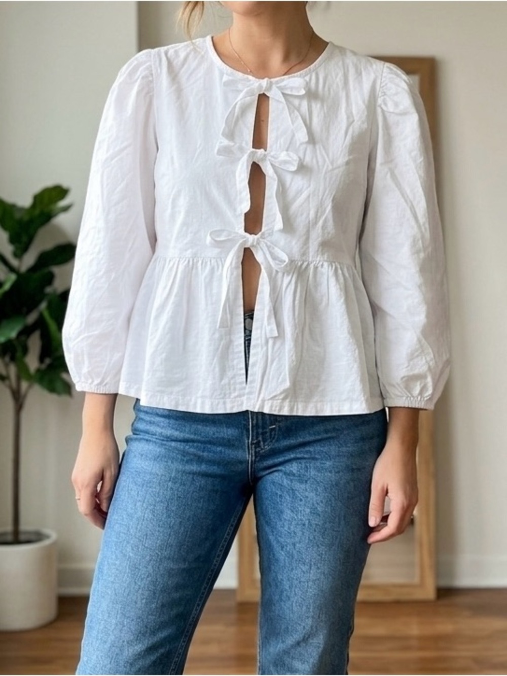 Classic White Tie-Front Peplum Blouse - Women